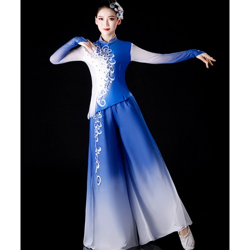 Women chinese folk Yangko costume pink blue orange gradient color fan umbrella performance dresses solo stage dance suit Chinese style classical dance costume for female